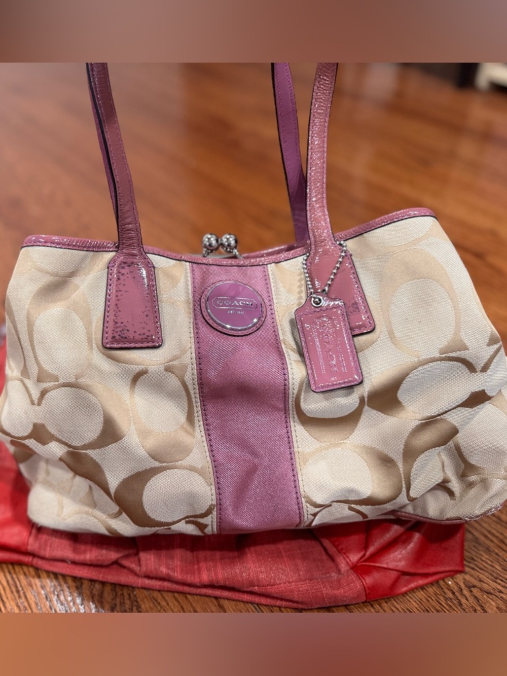 Coach Beige Signature Canvas Tote with Pink Trim